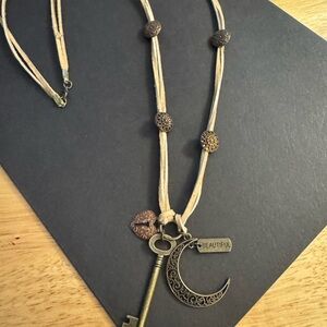 Bohemian Key and Crescent Necklace - Beige and Bronze